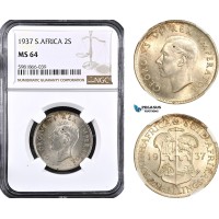AH18, South Africa, George VI, 2 Shillings 1937, Pretoria Mint, Silver, KM# 29, NGC MS64