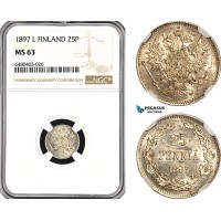 AH185, Finland, Nicholas II. of Russia, 25 Penniä 1897 L, Helsinki Mint, NGC MS63