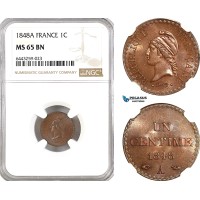 AH186, France, Second Republic, 1 Centime 1848 A, Paris Mint, NGC MS65BN