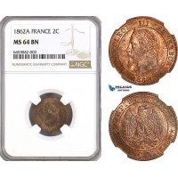 AH190, France, Napoleon III, 2 Centimes 1862 A, Paris Mint, NGC MS64BN
