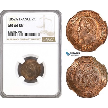 AH190, France, Napoleon III, 2 Centimes 1862 A, Paris Mint, NGC MS64BN