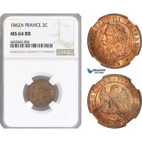 AH191, France, Napoleon III, 2 Centimes 1862 A, Paris Mint, NGC MS64RB, Top Pop