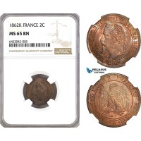 AH192, France, Napoleon III, 2 Centimes 1862 K, Bordeaux Mint, NGC MS65BN