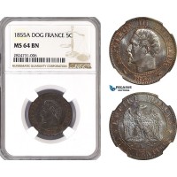 AH193, France, Napoleon III, 5 Centimes 1855 A (Dog) Paris Mint, NGC MS64BN, Top Pop