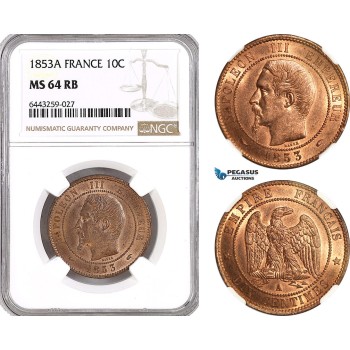 AH194, France, Napoleon III, 10 Centimes 1853 A, Paris Mint, NGC MS64RB