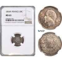 AH196, France, Napoleon III, 20 Centimes 1854 A, Paris Mint, Silver, NGC MS63