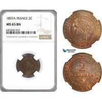 AH199, France, Third Republic, 2 Centimes 1897 A, Paris Mint, NGC MS65BN, Top Pop
