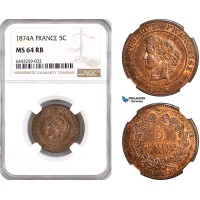 AH200, France, Third Republic, 5 Centimes 1874 A, Paris Mint, NGC MS64RB