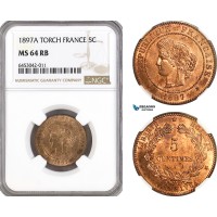 AH201, France, Third Republic, 5 Centimes 1897 A (Torch) Paris Mint, NGC MS64RB