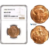 AH202, France, Third Republic, 5 Centimes 1904, Paris Mint, NGC MS65RB