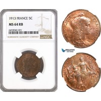 AH203, France, Third Republic, 5 Centimes 1913, Paris Mint, NGC MS64RB