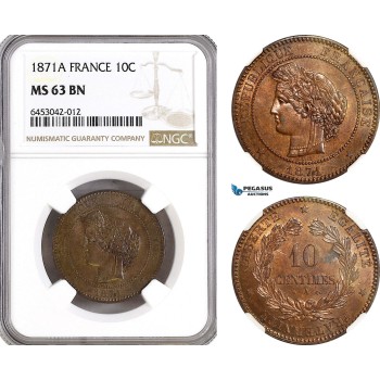 AH206, France, Third Republic, 10 Centimes 1871 A, Paris Mint, NGC MS63BN