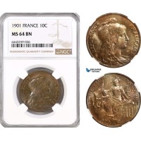 AH208, France, Third Republic, 10 Centimes 1901, Paris Mint, NGC MS64BN