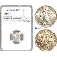 AH209, France, Third Republic, 50 Centimes 1914, Paris Mint, Silver, NGC MS63