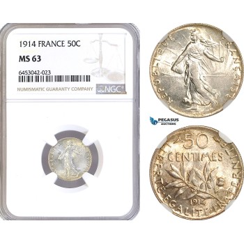 AH209, France, Third Republic, 50 Centimes 1914, Paris Mint, Silver, NGC MS63