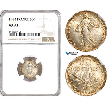 AH210, France, Third Republic, 50 Centimes 1914, Paris Mint, Silver, NGC MS65