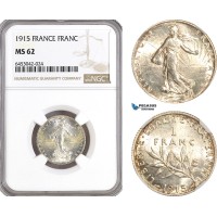 AH212, France, Third Republic, 1 Franc 1915, Paris Mint, Silver, NGC MS62