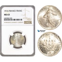 AH213, France, Third Republic, 1 Franc 1916, Paris Mint, Silver, NGC MS63
