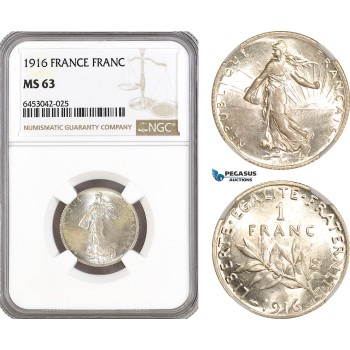 AH213, France, Third Republic, 1 Franc 1916, Paris Mint, Silver, NGC MS63