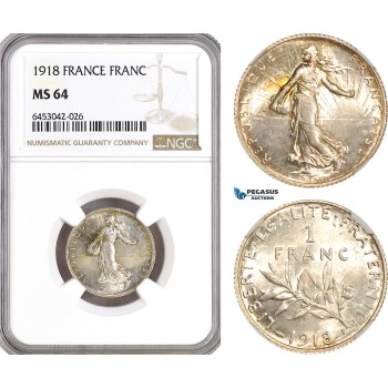AH214, France, Third Republic, 1 Franc 1918, Paris Mint, Silver, NGC MS64