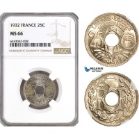 AH215, France, Third Republic, 25 Centimes 1932, Paris Mint, NGC MS66