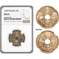 AH216, France, Third Republic, 25 Centimes 1939, Paris Mint, NGC MS64