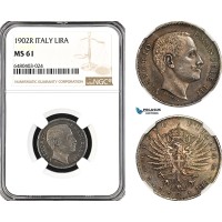 AH239, Italy, Vittorio Emanuele III, 1 Lira 1902 R, Rome Mint, Silver, NGC MS61
