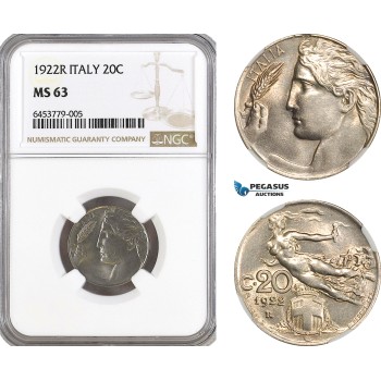 AH240, Italy, Vit. Emanuele III, 20 Centesimi 1922 R, Rome Mint, NGC MS63