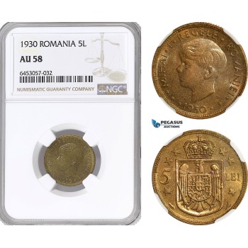 AH247, Romania, Mihai I, 5 Lei 1930, Paris Mint, NGC AU58