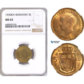 AH248, Romania, Mihai I, 5 Lei 1930 KN, Kings Norton Mint, NGC MS63