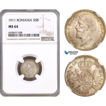 AH250, Romania, Carol I, 50 Bani 1911, Silver, NGC MS64