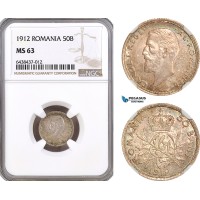 AH251, Romania, Carol I, 50 Bani 1912, Silver, NGC MS63