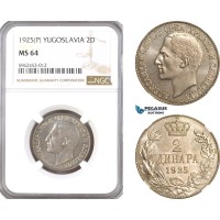 AH27, Yugoslavia, Alexander I, 2 Dinara 1925 P, Poissy Mint, NGC MS64