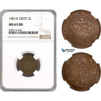 AH283, Crete, George I. of Greece, 2 Lepta 1901 A, Paris Mint, NGC MS63BN