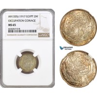 AH287, Egypt, Hussein Kamel, Occupation Coinage, 2 Piastres AH1335//1917 H, Heaton Mint, Silver, NGC MS65, Top Pop (Slab error as 2M and 1917)