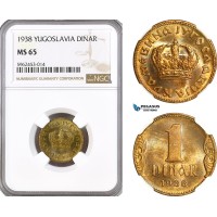 AH29, Yugoslavia, Peter II, 1 Dinar 1938, Paris Mint, KM# 19, NGC MS65