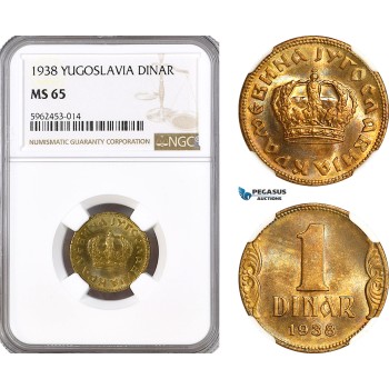 AH29, Yugoslavia, Peter II, 1 Dinar 1938, Paris Mint, KM# 19, NGC MS65