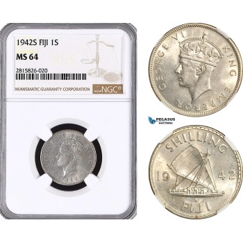 AH298, Fiji, George VI, 1 Shilling 1942 S, San Francisco Mint, Silver, NGC MS64