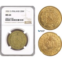AH299-R, Finland, 20 Markkaa 1931 S, Helsinki Mint, NGC MS64, Top Pop!