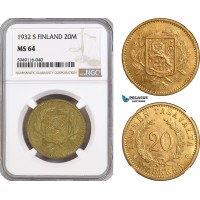 AH300-R, Finland, 20 Markkaa 1932 S, Helsinki Mint, NGC MS64, Top Pop!
