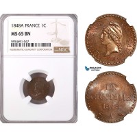 AH301, France, Second Republic, 1 Centime 1848 A, Paris Mint, NGC MS65BN