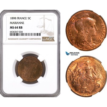 AH305, France, Third Republic, 5 Centimes 1898 Marianne NGC MS64RB