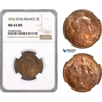 AH307, France, Third Republic, 5 Centimes 1916 Star Madrid Mint, NGC MS64RB