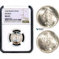 AH308, France, Third Republic, 1 Franc 1920, Paris Mint, Silver, NGC MS65+
