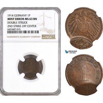 AH312, Germany, Wilhelm II, 1 Pfennig 1914, Mint Error, NGC MS63BN