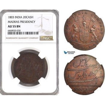 AH322, India, Madras Presindency, 20 Cash 1803, NGC AU55BN