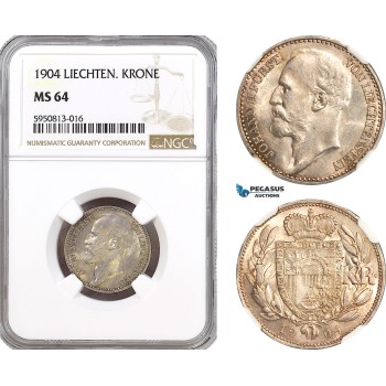 AH329, Liechtenstein, Johann II, 1 Krone 1904, Vienna Mint, Silver, NGC MS64