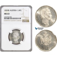 AH33, Austria, Franz Joseph, 1/4 Florin 1859 B, Kremnitz Mint, Silver, NGC MS63
