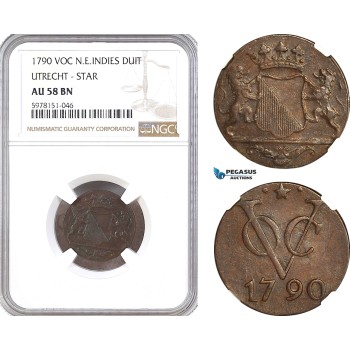 AH336, Netherlands East Indies, VOC, 1 Duit 1790, Utrecht Arms, Star, NGC AU58BN