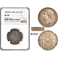 AH356, Spain, Alfonso XII, 2 Pesetas 1882 MS M (1-) (8-) Madrid Mint, Silver, Rare variety with missing "8" & "2" in stars! NGC AU50